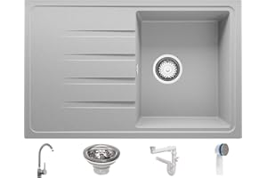 Fregadero Cocina 78 x 50 cm, Fregadero Granito Un Seno + Grifo + Sifón Clásico, Fregadero Empotrado con Escurridor Milano 780-45 de Primagran, Gris