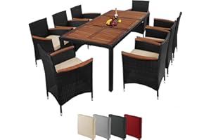 ‎MONTAFOX Montafox Sitzgruppe 8 Personen Poly Rattan Sitzgarnitur Akazienholz Tisch 190 x 90cm Sitzkissen 6 cm Terrasse Garten Essgruppe Schwarz Gartenmöbel Set, Farbe:Sandstrand