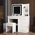 Grande Coiffeuse Blanche Avec Miroir LED Et Tabouret - 5 Tiroirs, Rangement Max Pour Maquillage