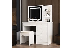 Caldion Grande Toeletta Trucco con Luci,Toilette Trucco con sgabello, Postazione Trucco con Sgabello e 5 Cassetti Mensole, Cassettiera e Sgabello Imbottito Camera Bianco