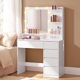 VASAGLE Makeup Vanity with Light, Mirror, Drawers and Plug | Desk, USB Ports, 80 x 40 x 144.5 cm, Cloud White, KAILYN Collect