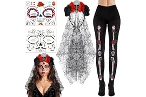 AUGESAK Halloween Jour des Morts Bandeau, Deguisement Jour des Morts Femme, Serre Tête Dia De Los Muertos, Chaussette Haute Squelettes, Halloween Tatouages Visage, Deguisement Halloween Accessoires Cosplay