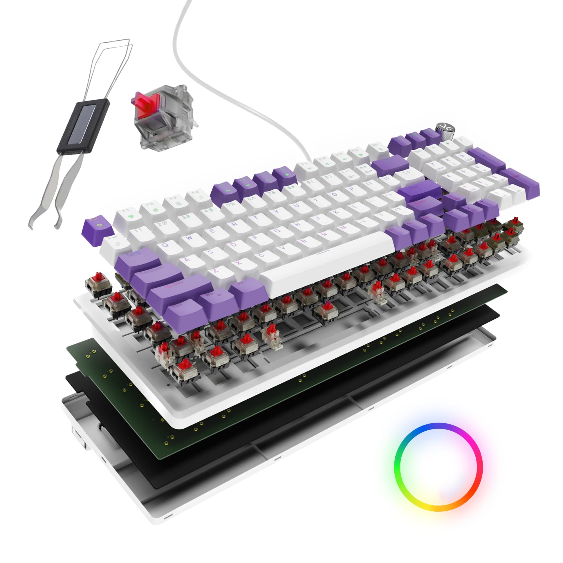 Kreo Hive Wired Full Size RGB Backlight Gaming Mechanical Keyboard, Customizable RGB, Mechanical Switches, NKRO, Metal Volume Knob, 3 Color Keycaps (White-Purple, Red Switch)