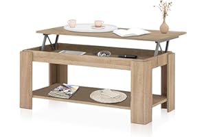 duehome | Mesa de Centro Elevable, Mesa Auxiliar, Modelo LYA, Acabado en Roble Canadian, Medidas: 102 cm (Largo) x 50 cm (Ancho) x 43-54 cm (Alto)