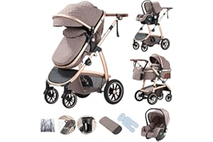 Kakbgee - Cochecito combinado 3 en 1, cochecitos con asiento de coche ECE R129, cochecito de paseo ajustable en altura, capazo flexible convertible marco de aluminio para recién nacidos 0-4 años