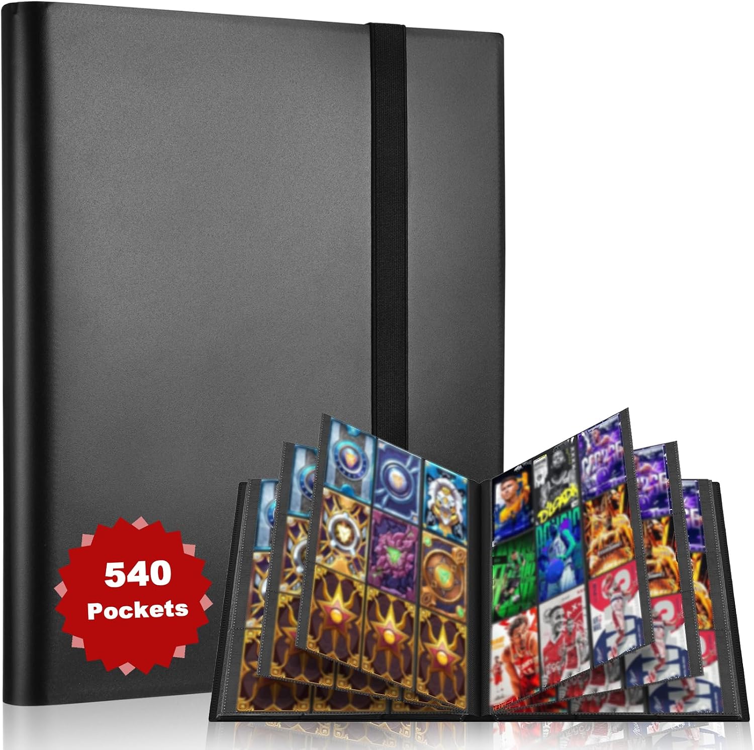 Realure 540 Pochette 30 Pages Classeur Cartes, Étanche Classeur Carte Pokemon, Noir Porte Cartes pour Cartes à Collectionner avec Élastique pour Collectionneurs et Enfants Anniversaire
