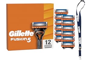 Gillette Recharges De Rasoir Fusion5 Pour Hommes, Pack De 12, AUTHENTIQUES, Cartouches Avec Bande Lubrifiante Et 5 Lames Pour Un Rasage Manuel Efficace, Lot De Rechanges Fusion Avec Un Porte-Clés