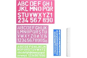 AMANDELIZABE Juego de 4 plantillas de letras de plástico Con regla de 1 pieza de 20 cm, plantilla de alfabeto, letras y números pequeños, plantillas para niños, plantilla de dibujo, pintura, aprendizaje, bricolaje