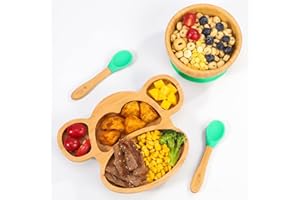 Vinsani Bamboo Monkey Plate Bowl and Spoon Set for Baby Toddler Kids Children, Suction Plate, Stay-Put Non-Slip Base Design, Hypoallergenic, Food-Grade Silicone and BPA-Free Baby Feeding Set (Green)