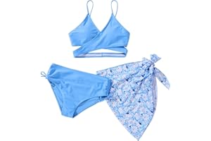 Naiyafly Girls' 3-Piece Swimsuits Bikini Set with Criss Cross Back, Adjustable Straps, Floral Print, Red, Blue, Green, Sizes 9-13 Years