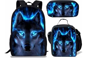 KUIFORTI Neon Wolf Backpack Set of 3 Pcs,Include Animal Wolf School Bookbags,Thermal Lunch Box with Adjustable Shoulder Strap,Pencil Case for Boys Girls Gifts
