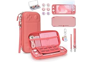 YK YOUNIK Younik Funda Switch Lite, Coral Accesorios NS Switch Lite 14 en 1, Carcasa de Transporte de Switch Lite, Estuche para Tarjetas de Juego, 2 Protectores de Pantalla, 6 Grips para el Pulgar, Coral