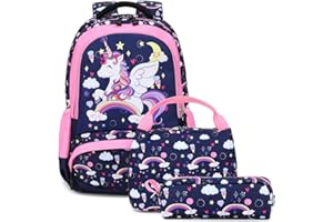 Kimwadalh Mochila Escolar Niña Bolsas Escolares Mochilas Infantiles Estuches Escolares Mochila Unicornio,Sets de útiles Escolares con Bolsa de Almuerzo y Estuche Primaria