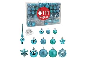 ‎WOMA WOMA Christbaumkugeln Set Türkis & 19 weiteren Farben - 111er Weihnachtskugeln Set inkl. Metallhaken - Weihnachtskugeln Kunststoff - Weihnachtsbaum Deko & Christbaumschmuck