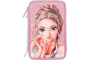 Depesche 12522 TOPModel Glitter Queen - Gefüllte 3-Fach Federtasche mit Glitzersteinen auf der Front und verziertem Rücken, Federmäppchen mit Buntstiften, Lineal, Schere uvm.