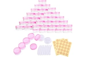 MYTHOSURGE 71 Pezzi 5ML contenitori cosmetici vuoti, +7 pezzi di raschietto + 60 pezzi di adesivi, Vasetti Plastica, Barattolo Cosmetici Vuoto Viaggio Contenitore Cosmetico per Crema Balsamo (Rosa Trasparente)
