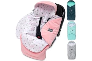 ‎BELLOCHI GROWING IN STYLE Premium Einschlagdecke Babyschale, Baby Erstausstattung aus Baumwolle für Autositz, Kuscheldecke für Kinderwagen mit Fußsack passend für Maxi-Cosi, Römer, Cybex – Rosa