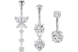 FECTAS 3pcs Belly Button Bars Silver Gold Belly Bar Surgical Steel 14G Navel Bars Belly Button Piercing Jewellery Heart Butterfly Dangle