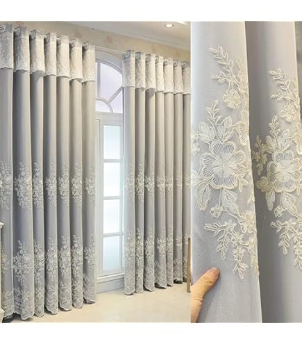 Amidoudou Doppellagen-Vorhänge Mit Volant – 3D-Blumenstickerei, 130x215 Cm, Blau