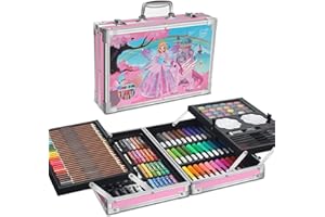 MIAOKE 145 TLG Malset, Malkasten, Deluxe Mega Aluminium Box & Zeichen-Kit mit Buntstifte, Marker, Acrylfarben, Wachsmalstifte, HB-Stifte, Aquarellkuchen, Pinsel, 18-Blatt-Skizzenblock- Rosa