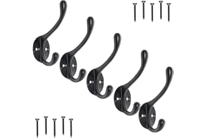 EDUWURXS Heavy-Duty Cast Iron Coat Hooks Pack of 5 Wall-Mounted Hooks for Hanging Clothes Towels Coats, Rustic Vintage Design in Black Finish for Hallways, Bedrooms, Bathrooms, and Entryways