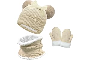 crazy bean Bonnet Echarpe et Gants pour Enfant Chaud Hiver Tour de Cou et Moufle Fille Garçon Bonnet en Tricot avec Double Pompon Fourrure Ensemble de 3 Pièces