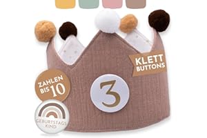 BJORKI® Geburtstagskrone Mädchen & Junge aus Musselin – Klett-Buttons mit Zahlen von 1-10 – Wendbare Krone Geburtstag Mädchen, Krone Geburtstag Junge, Krone Kindergeburtstag, Geburtstag Krone