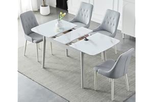 AMZSEW Dining Table and Chairs set, Extendable dining table, Middle Butterfly Extension Leaf Table, Telescopic 110-140cm Wide 75cm, High Temperature Resistant Glass Tabletop (1 Table+4 Chair)