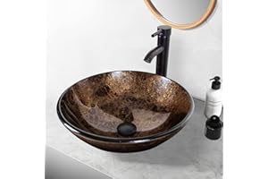 eklipt Aufsatzwaschbecken, Waschbecken mit armatur Montagering und Pop-Up-Abfluss, Hängewaschbecken, für das Badezimmer und Gäste-WC (Braun, Rund)