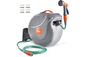 VonHaus Enrollador de Manguera – Soporte para Manguera Enrollable – Carrete para Manguera de Agua Retráctil – Incluye Pistola con 8 Funciones (30 m)