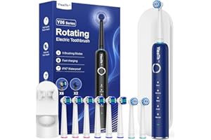 YTEATH PRO Brosse À Dent Électrique Rotatives pour Adultes - Brosses À Dents Rotatives avec 8 Têtes de Brosse et Étui de Voyage, 5 Modes, Étanche IPX7, Brosse A Dent Electrique de Voyage, Bleu