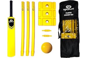 Optimum Durable Plastic Cricket Set. Includes Bat Size 5, Ball, 3 Stumps & Base. Perfect for Backyard Games & Family Fun. for All Ages. Yellow