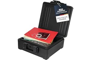 HMF Feuerfeste Dokumentenbox DIN A4 Ordner, wasserdichte Geldkassette abschließbar | 39 x 40 x 17 cm | Schwarz