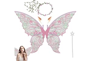 Kezidhp Costume Ailes de Fée avec Ailes de Papillon, Oreilles d’Elfe, Couronne de Fleurs & Baguette Magique – Ailes de Fée Enfant & Adulte, Idéal pour Halloween, Carnaval, Cosplay & Anniversaire