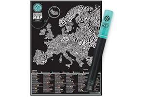 Luckies of London Carte à gratter des mets d’Europe – Affiche à gratter unique pour les gourmets – Carte décorative amusante – Cadeau pour les amateurs de cuisine - Noir et blanc