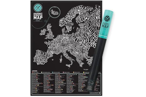 Luckies of London Carte à gratter des mets d’Europe – Affiche à gratter unique pour les gourmets – Carte décorative amusante – Cadeau pour les amateurs de cuisine - Noir et blanc
