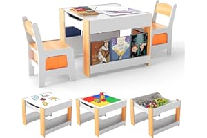 COSTWAY Kids Table and Chairs Set, Wooden Toddler Activity Tables with Reversible Tabletop, Bookshelves, Storage Bins, Children Building Block Table for Boys Girls (White + Natural)