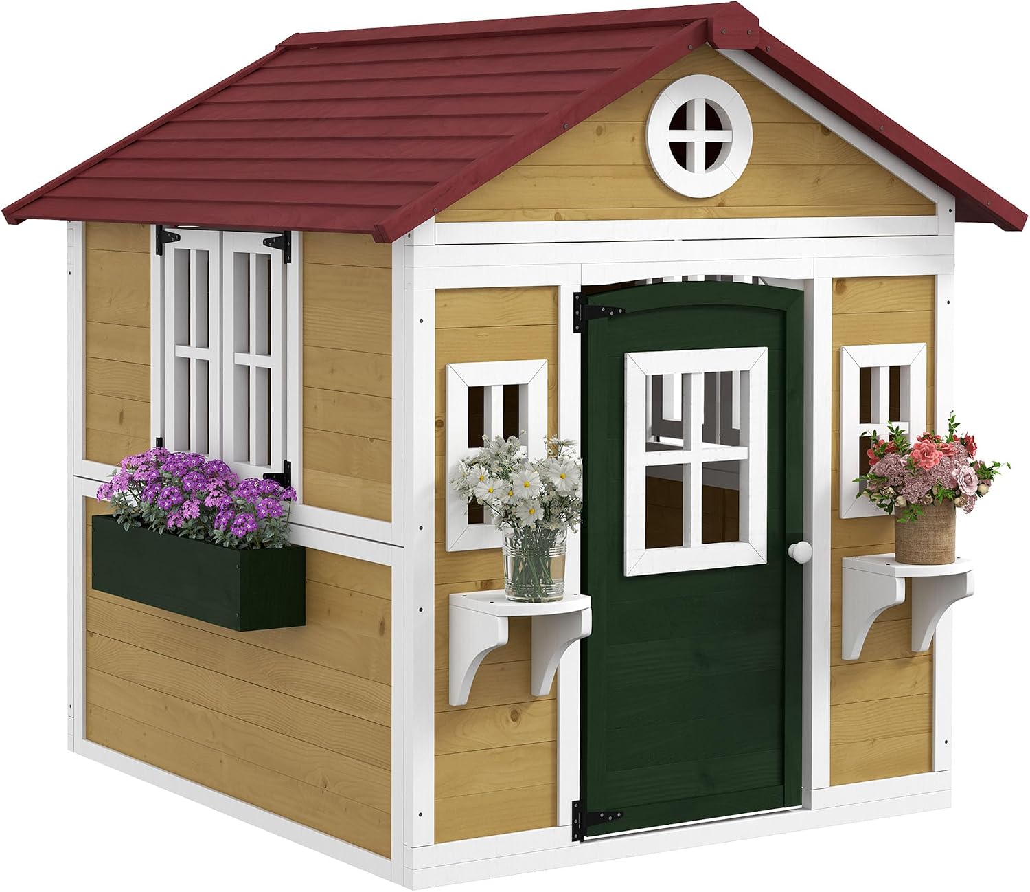 Outsunny Casita Infantil Exterior e Interior de Madera, Casita Infantil con Puerta, Ventanas, Jardineras y Soportes de Flores, Casa de Jardín para Niños de 3-8 Años, Madera Natural