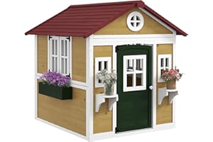 Outsunny Cabane Enfant extérieur, Maison Enfant extérieure, avec Porte, fenêtres et jardinières, cabane de Jardin pour Enfant 3-8 Ans, 114 x 126,4 x 135 cm, Beige