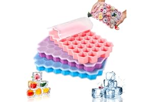 AQXONG Forma do lodu, 37 przegródek zestaw 3 silikonowych pojemników na kostki lodu z pokrywką, pojemnikiem na lód
