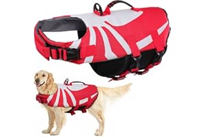PUMYPOREITY Salvagente per Cani, Cappottino di Salvataggio Cani Giubbotto di Galleggiamento Costume da Bagno Cuccioli Ripstop Lifesaver Dog Vest Life Jacket Ragno per Nuoto, Surf, Conottaggio(Rosso, XL)