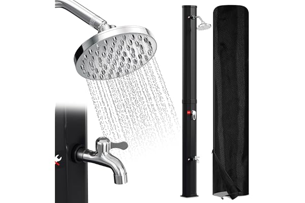 Randaco Douche solaire de jardin 35 l - Eau chaude jusqu'à 60 °C - Sans raccordement électrique - Douche de piscine - Camping avec douchette à pied et pommeau de douche à effet pluie pivotant - Noir
