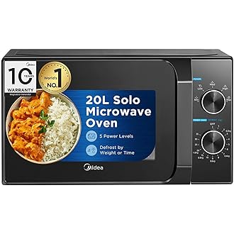 Midea 20L Solo Microwave Oven | 5 Power Levels + Defrost | 10-Year Magnetron Warranty | Mechanical Knob Control | Easy-Clean Powder-Coated Cavity | En