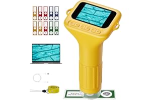 NOCOEX Microscope Portable 1000X pour Enfants - Microscope Numérique de Poche à écran IPS 2,0" Lumières LED avec 15 Lames et Carte TF 32G - Miniscope Extérieur à Partir de 3-12 Ans (Jaune)