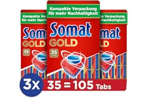 ‎SOMAT Somat Gold Spülmaschinen Tabs (105 Tabs), Geschirrspültabs für strahlend sauberes Geschirr auch bei niedrigen Temperaturen, Extra-Kraft gegen Eingebranntes, kompakte Verpackung für mehr Nachhaltigkeit