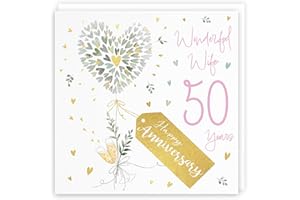Hunts England - Wife 50th Anniversary Card - 50 Years Wife - Contemporary Hearts - Gold Foil - Luxury 50th Wedding Anniversary Card For Wife - Happy Anniversary Wife - Milo's Gallery