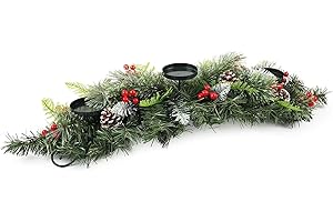 MIRTHBUY 2023 Christmas Candle Holder Centerpiece for Table, 72cm-Foldable Big Size, with 3 Candle Trays, Artificial Decor with 68 Pine Needles, 8 Cones, 10 Strings of Red Cherry & Snowy Leaves