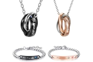 Flongo Parure Couple Acier Inoxydable Zirconium - Bracelets et Colliers Amoureux pour 2 Gravés "His Queen & Her King" en Or Rose et Noir - Cadeau Romantique pour Saint-Valentin, Anniversaire, Mariage