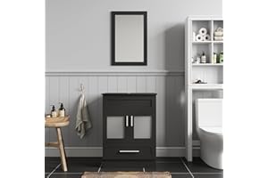 ZealWe Badmöbel Set komplett aus Waschtischunterschrank Badezimmerschrank 61cm mit Spiegel 46x70cm, Badezimmermöbel für Badezimmer Gäste WC, Schwarz, Ohne Waschbecken