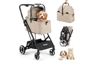 Beberoad X2 3 in 1 Pet Stroller Dog Pram, Foldable Dog Cat Stroller for Small Pets Under 44lbs with Detachable Carrier, Easy Fold Without Removing Carrier, Camel